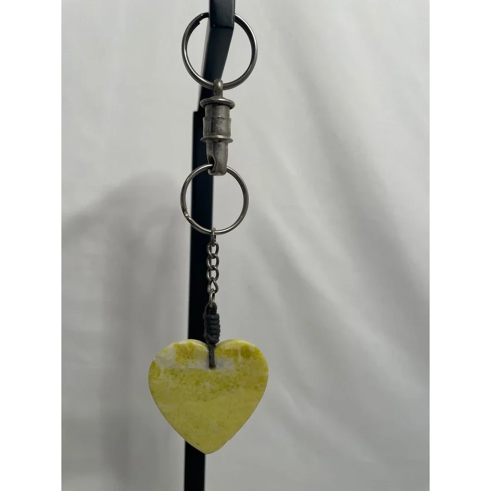 Unbranded Yellow Marbled Stone Heart Keychain Four Leaf Clover Charm Silver Tone